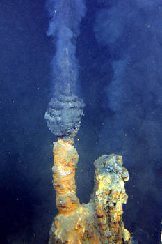 Un fumeur noir, The Brothers, situé au large de la Nouvelle-Zélande et observé en 2007 par le robot américain Quest 7. La vie abonde autour de ces sources thermales, malgré l’absence de lumière. © NOAA