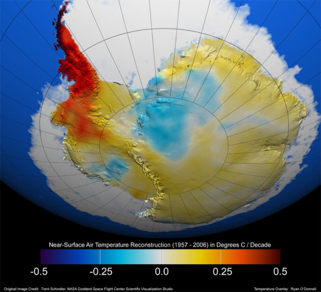 Relevés satellite des températures de l’Antarctique, laissant apparaitre le continent