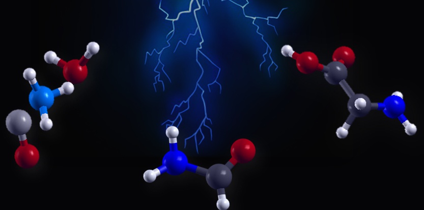 Vue d’artiste de l’effet d’un éclair ou d’un champ électrique intense sur de molécules simples  (à gauche : eau, ammoniac, monoxyde de carbone),  produisant d’abord de la formamide  (au centre) et ensuite l’acide  aminé le plus  simple, la glycine (à droite). A. Marco Saitta (IMPMC/UPMC)  et Franz Saija (IPCF/CNR)