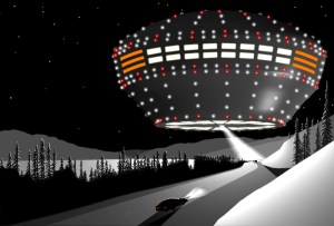 "vaisseau mère" observé depuis l'autoroute de  Klondike , territoire de Yukon Territory, 11 décembre 1996. crédit image  :  badufos.blogspot.fr/