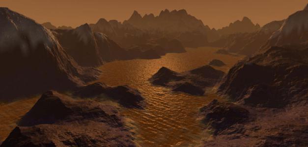  Crédit: lejournal.cnrs.frVue d'artiste de la surface de Titan, plus gros satellite de Saturne