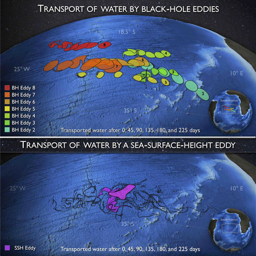 Les images satellites montrant le déplacement des vortex dans l’Atlantique-Sud. Crédit: michelduchaine.com/